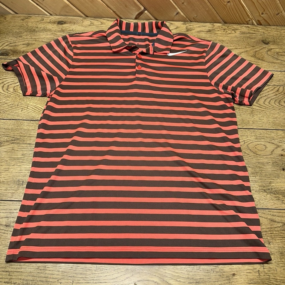 Nike Golf Dri-Fit Red Brown Striped Polo 3 Button Up‎ Short Sleeve | Men's M